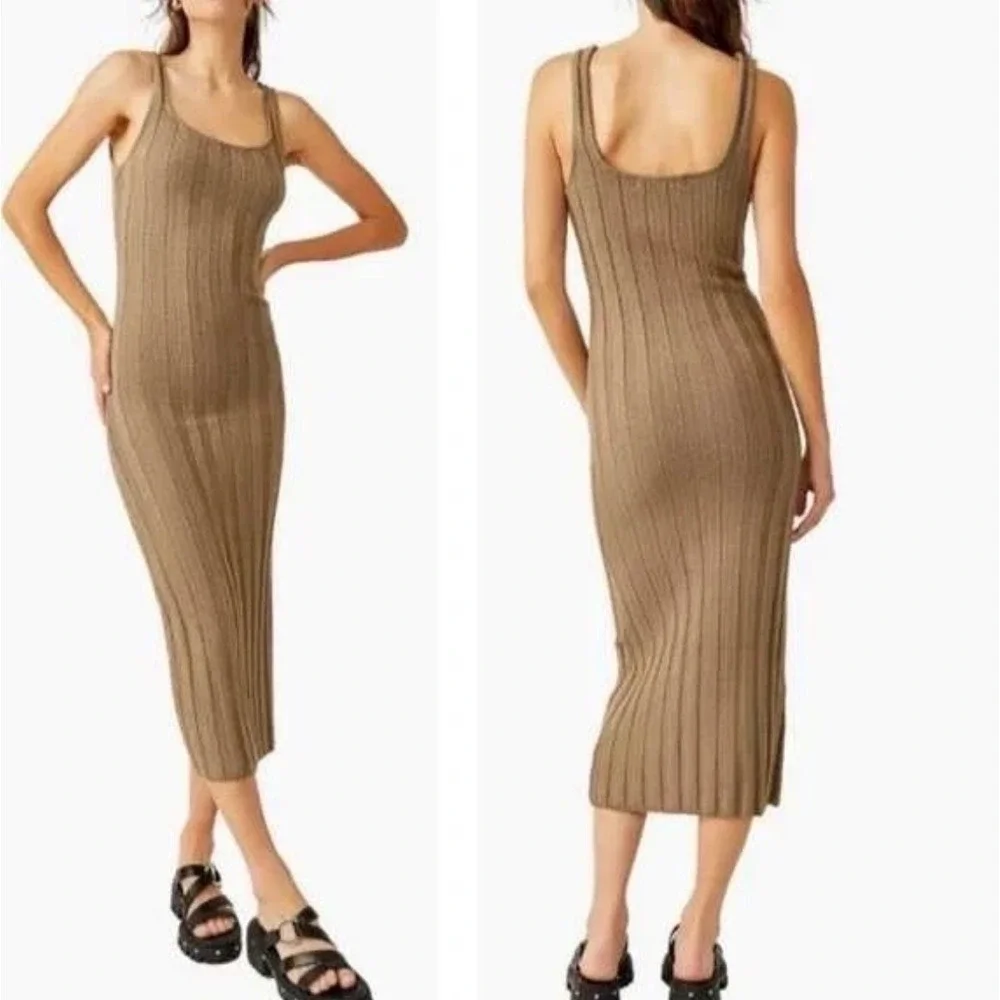 Free People Beach Slip Dress Midi Santos Ribbed Olive Stone Brown Women Medium - Picture 2 of 11